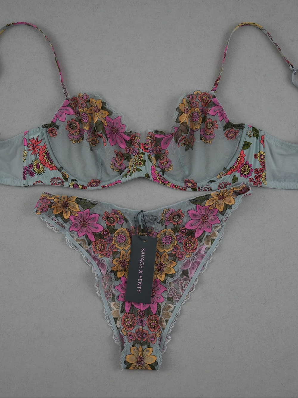 Savage X Fenty Floral Lace Underwire Bra & Thong Set in Mint with Pink & Yellow